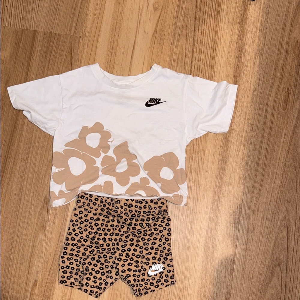 Nike White and Tan Floral Tee with Leopard Print Shorts